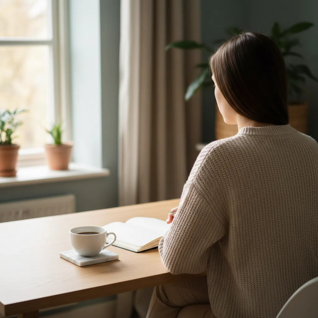 Wellness-redaktör - anonym bakifrånsvy vid minimalistiskt skandinaviskt skrivbord