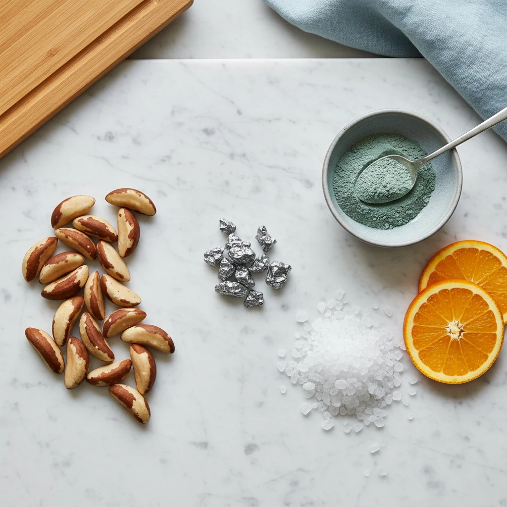 Naturliga ingredienser för kosttillskott - zink, selen, magnesium, C-vitamin på vit marmor