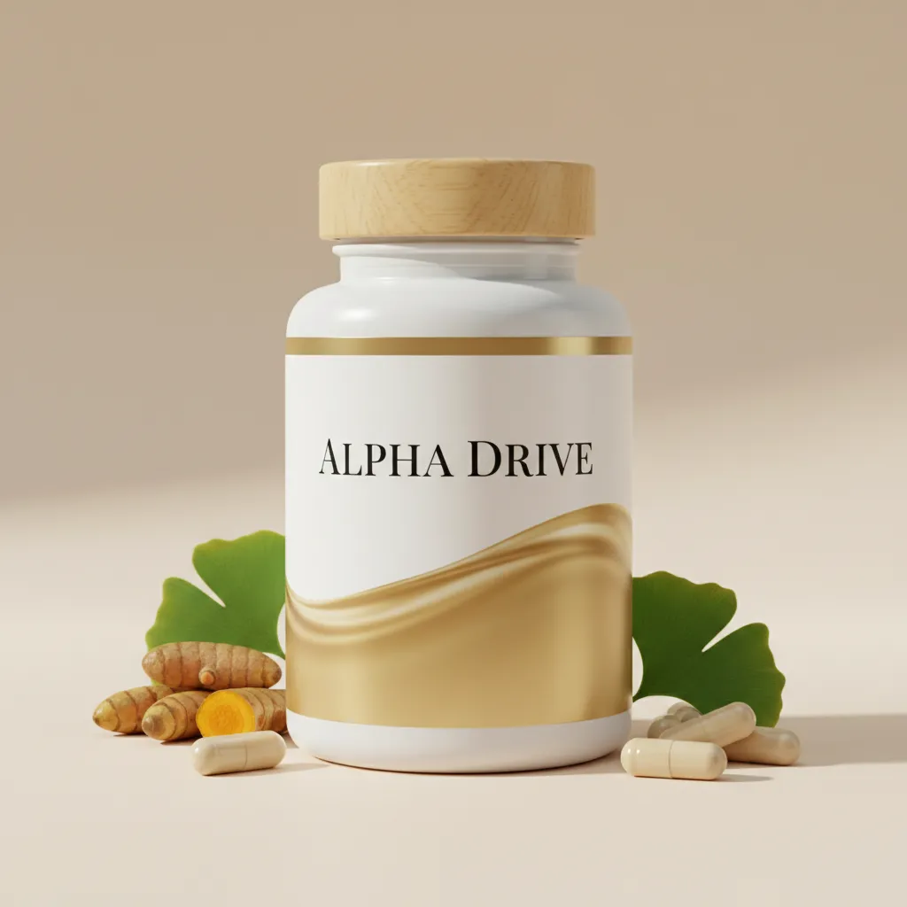 Alpha Drive kosttillskott 60 kapslar - vit cylindrisk burk med blå hexagonetikett